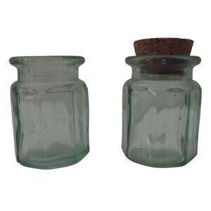 Glass Green Tint Bottle(lot of 2)vtg Octagonal Thick 2-1/8" Storage Jar Cork Lid